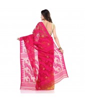 Bengal Handloom Tant Soft Dhakai Jamdani Cotton Saree Whole Body Design (Pink Yellow)