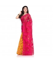 Bengal Handloom Tant Soft Dhakai Jamdani Cotton Saree Whole Body Design (Pink Yellow)