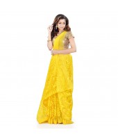 Bengal Handloom Tant Soft Dhakai Jamdani Cotton Saree Whole Body Design (Yellow)