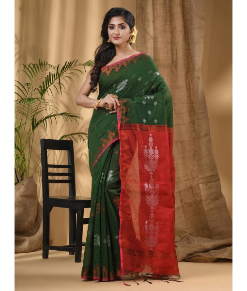 Cotton Silk Handloom Cotton Blend Saree Jharbati Work With Blouse Piece (Green Red)