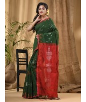 Cotton Silk Handloom Cotton Blend Saree Jharbati Work With Blouse Piece (Green Red)