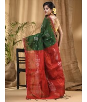 Cotton Silk Handloom Cotton Blend Saree Jharbati Work With Blouse Piece (Green Red)
