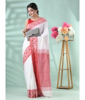 Traditional Soft Handloom Cotton Saree Jolphoring Design With Blouse Piece (Red White)
