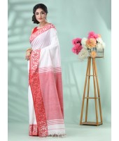 Traditional Soft Handloom Cotton Saree Jolphoring Design With Blouse Piece (Red White)