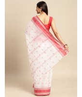 Tant Pure Handloom Cotton Saree Woven Kalkatara Design Without Blouse Piece (Red White)