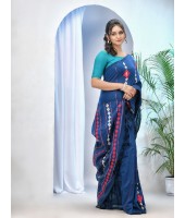 Bengali Khesh Pure Cotton Handloom Saree Diamond Designed With Blouse Piece(Prussian Blue)