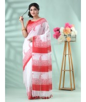  Bengal Handloom Pure Cotton Saree Kolka Shree Printed Design Without Blouse Piece (White red)