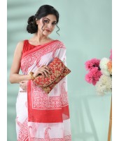  Bengal Handloom Pure Cotton Saree Kolka Shree Printed Design Without Blouse Piece (White red)