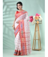 Tant Handloom Pure Cotton Saree Kotki Design With Blouse Piece (White Red)