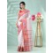 Tant Handloom Pure Cotton Saree Kotki Design With Blouse Piece (White Red)