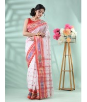 Tant Handloom Pure Cotton Saree Kotki Design With Blouse Piece (White Red)