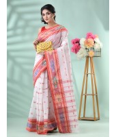 Tant Handloom Pure Cotton Saree Kotki Design With Blouse Piece (White Red)