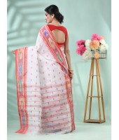 Tant Handloom Pure Cotton Saree Kotki Design With Blouse Piece (White Red)