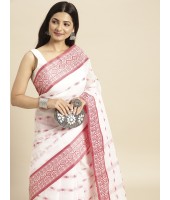 Bengal Tant Woven Lal Paar Sada Design Cotton Saree (Red-White) - Durga Puja Collection