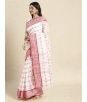 Bengal Tant Woven Lal Paar Sada Design Cotton Saree (Red-White) - Durga Puja Collection
