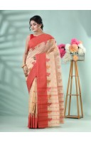 Pure Handloom Cotton Saree Leaf Buti Red Par Woven Design Without Blouse Piece (Red Off White)