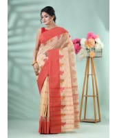 Pure Handloom Cotton Saree Leaf Buti Red Par Woven Design Without Blouse Piece (Red Off White)