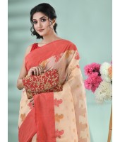 Pure Handloom Cotton Saree Leaf Buti Red Par Woven Design Without Blouse Piece (Red Off White)