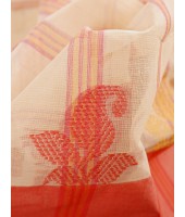Pure Handloom Cotton Saree Leaf Buti Red Par Woven Design Without Blouse Piece (Red Off White)