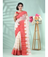 Pure Handloom Cotton Saree Leaf Buti Red Par Woven Design Without Blouse Piece (Red White)