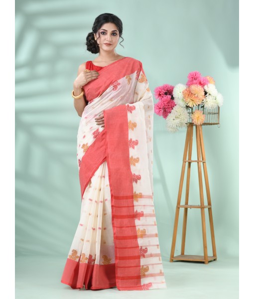 Pure Handloom Cotton Saree Leaf Buti Red Par Woven Design Without Blouse Piece (Red White)