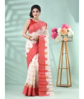 Pure Handloom Cotton Saree Leaf Buti Red Par Woven Design Without Blouse Piece (Red White)