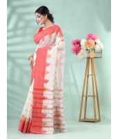 Pure Handloom Cotton Saree Leaf Buti Red Par Woven Design Without Blouse Piece (Red White)