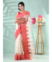 Pure Handloom Cotton Saree Leaf Buti Red Par Woven Design Without Blouse Piece (Red White)