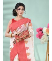 Pure Handloom Cotton Saree Leaf Buti Red Par Woven Design Without Blouse Piece (Red White)