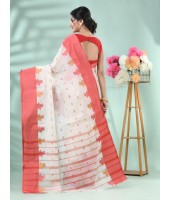 Pure Handloom Cotton Saree Leaf Buti Red Par Woven Design Without Blouse Piece (Red White)
