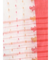 Pure Handloom Cotton Saree Leaf Buti Red Par Woven Design Without Blouse Piece (Red White)
