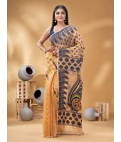 Resham Dhakai Jamdani Pure Cotton Handloom Saree Lojjaboti Design without Blouse Piece (Light Orange)