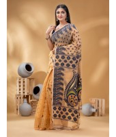 Resham Dhakai Jamdani Pure Cotton Handloom Saree Lojjaboti Design without Blouse Piece (Light Orange)