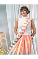 Women`s Pure Malmal Cotton and Bengal Soft Khadi Mul Mul Handloom Cotton Saree in Tricolour (Orange White Green)