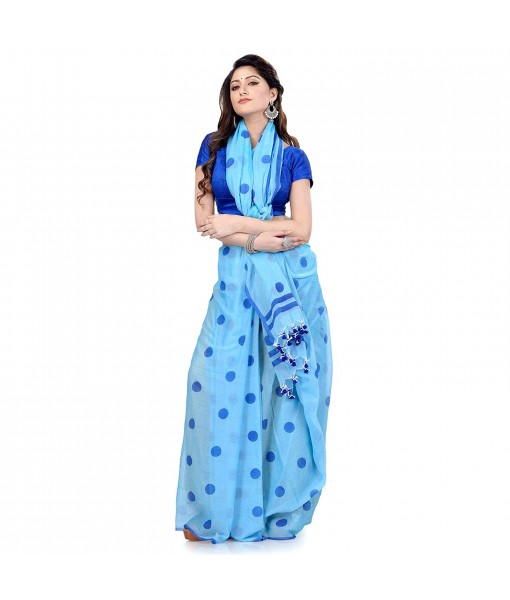 dB DESH BIDESH Women`s Traditional Soft Mulmul Bengal Handloom Pure Cotton Saree Without Blouse Piece (Sky Blue Deep Blue)