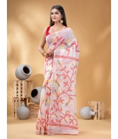 Muslin Resham Dhakai Jamdani Pure Cotton Handloom Saree (Red) - Durga Puja Collection