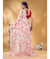 Muslin Resham Dhakai Jamdani Pure Cotton Handloom Saree (Red) - Durga Puja Collection