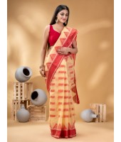 Nabadurga Woven Design Cotton Saree (Off-White-Red) - Durga Puja Collection | Desh Bidesh