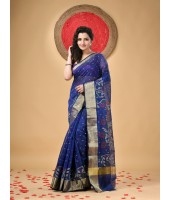  Cotton Silk Handloom Cotton Blend Saree Pushpomala Work With Blouse Piece (Blue)