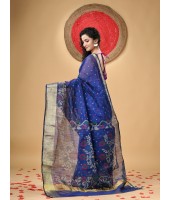  Cotton Silk Handloom Cotton Blend Saree Pushpomala Work With Blouse Piece (Blue)