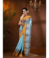  Handloom Cotton Saree Padmakshi Woven Designer Without Blouse Piece (Light Blue)