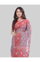 Women`s Phulkari Resham Dhakai jamdani Bengal Pure Cotton Handloom Saree Whole Body Design without Blouse Piece (Grey Red)