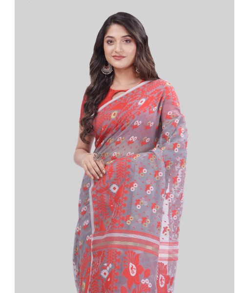 DESH BIDESH Women`s Phulkari Resham Dhakai jamdani Bengal Pure Cotton Handloom Saree Whole Body Design without Blouse Piece (Grey Red)