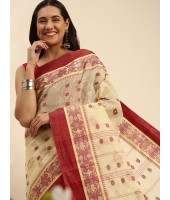 Bengal Phulkoli Woven Design Pure Handloom Cotton Saree Without Blouse Piece (Cream red)