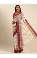 Traditional Bengal Phulkoli Woven Design Pure Handloom Cotton Saree Without Blouse Piece (Red White)