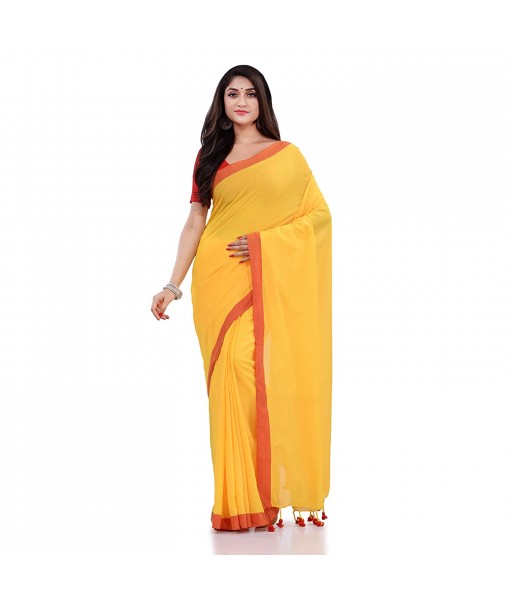DESH BIDESH Women`s Traditional Bengali Tant Handloom Cotton Saree Galaxi Design With Blouse Piece(Yellow)