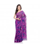 Bengal Handloom Tant Soft Dhakai Jamdani Cotton Saree Whole Body Design (Purple Deep Blue)