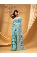 Rangabati Resham Dhakai Jamdani Bengal Pure Cotton Handloom Saree without Blouse Piece (Firoza)