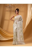 Rangabati Resham Dhakai Jamdani Pure Cotton Handloom Saree without Blouse Piece (Off White)