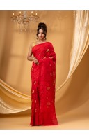 Rangabati Resham Dhakai Jamdani Pure Cotton Handloom Saree without Blouse Piece (Red)